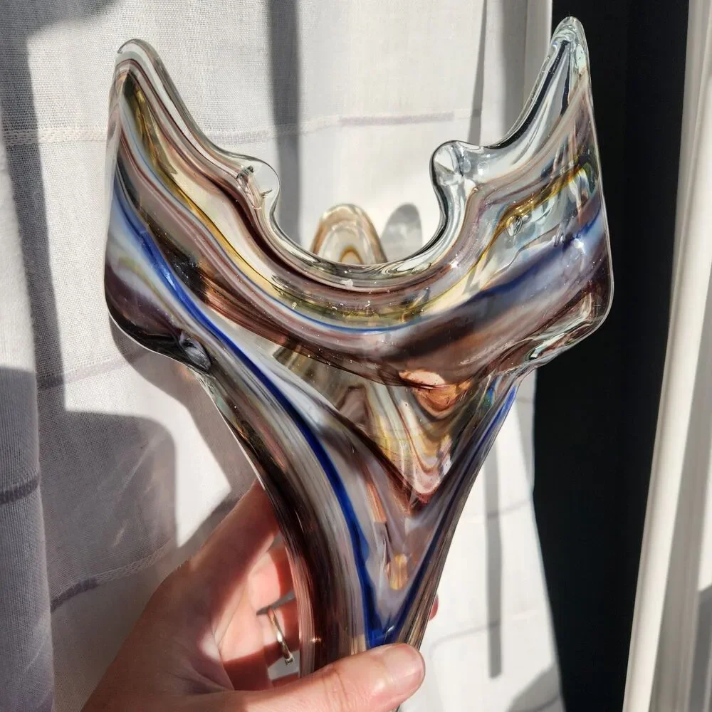 Vtg Sooner/Murano/Ozark Style Art Glass Swirl Vase Coiled Base Handcrafted MCM